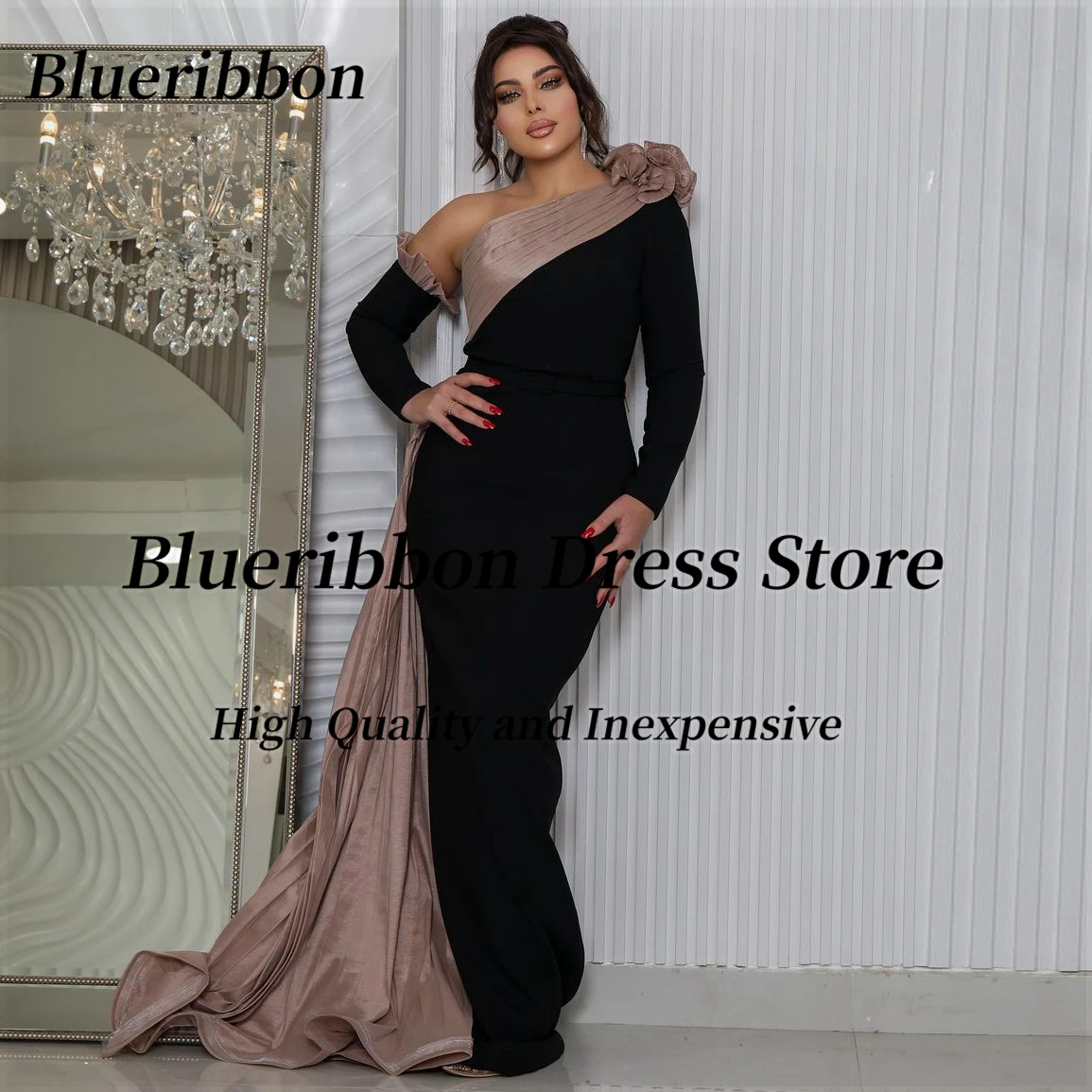 Blueribbon Middle East Women Wear One Shoulder Prom Dresses Mermaid Dress for Evening Party Long Sleeves Robe De Soiree Femmes