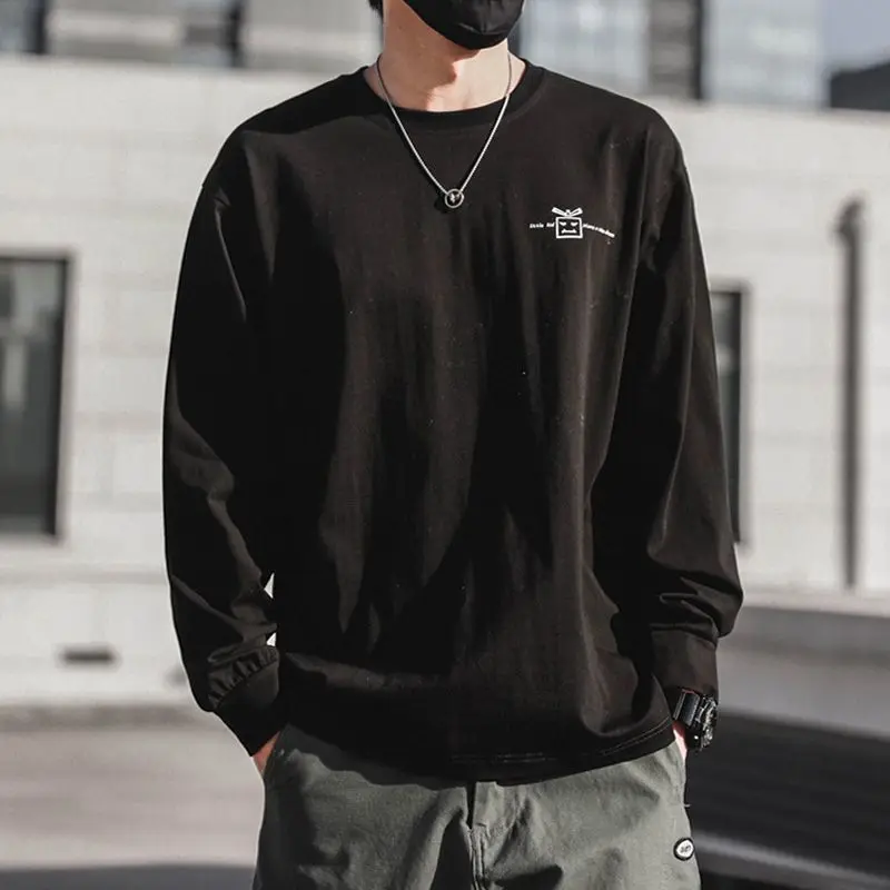 2024 Spring Autumn Men's New Pullover O-Neck Spliced Printed Letter Fashion Solid Color Loose Casual All-match Long Sleeve Tops