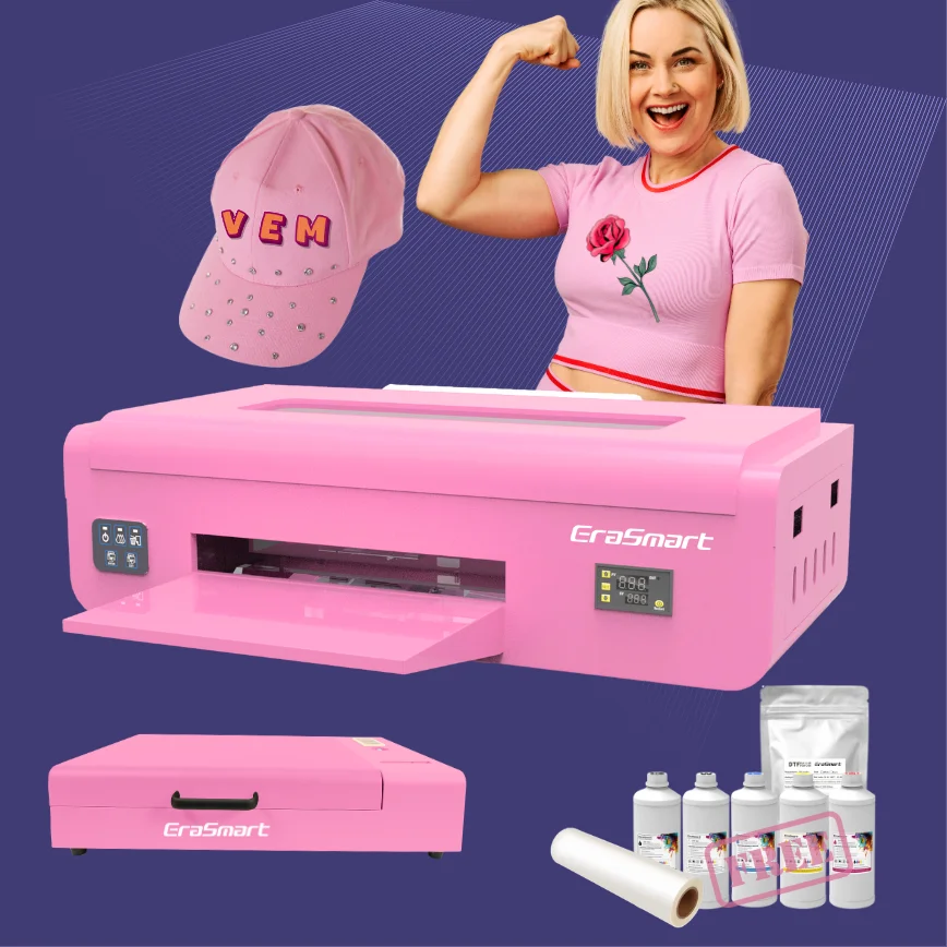 

Erasmart Pink Digital A3 DTF Printer Small Pet Film TShirt Textile Printing Machine 1390 Impresora Flatbed DTF Printer With Oven