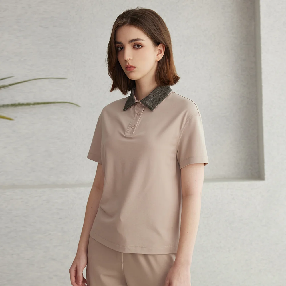 

K2067L Luxury Brand Women's Clothing Shirt Collar Pima Cotton Summer Short Sleeved T-Shirt ladies clothes