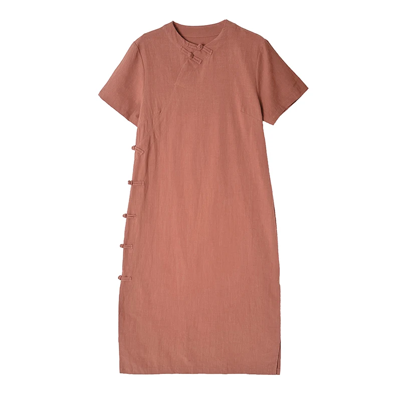 الرجعية الصينية Sle ort Sve القطن الكتان الدكتور المرأة الصيف النسخة الجديدة QiPao Dr طوق زر حتى ميدي طول تنورة