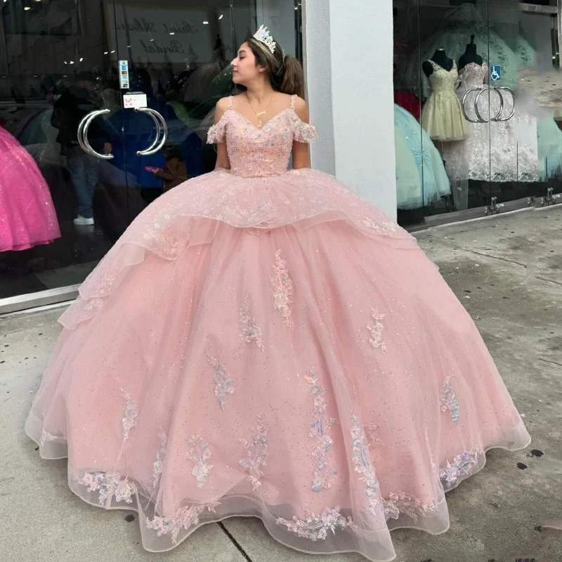 

Pink Shiny Quinceanera Dresses for 15 Year Ball Gown Sexy V Neck Off the Shoulder Applique Lace Tull Long Party Dress for Girl