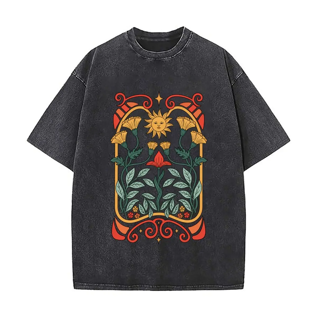 Art Nouveau Sun Face Flower Bird Botanical Frame Vintage Illustration Washed Short Sleeve Loose Streetwear Tee Hip Hop
