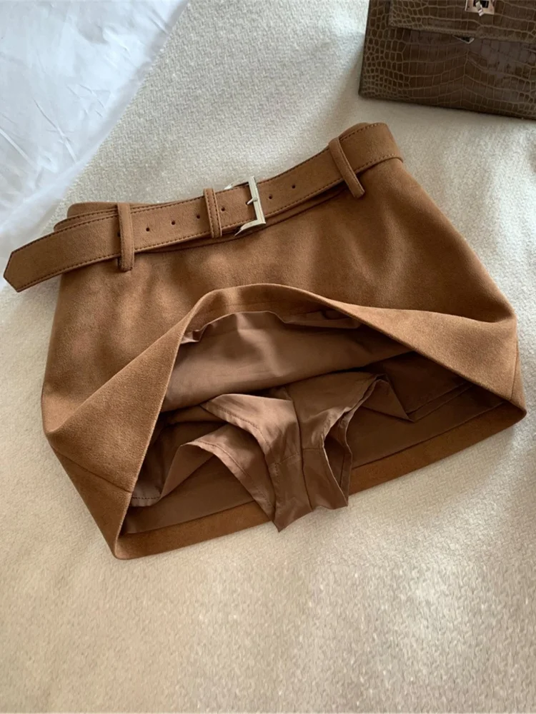 

plus Size Women's Autumn Winter Suede Skirt High Waist Zipper Design Warm Fitted Skirt Casual A-Line Skirt Brown