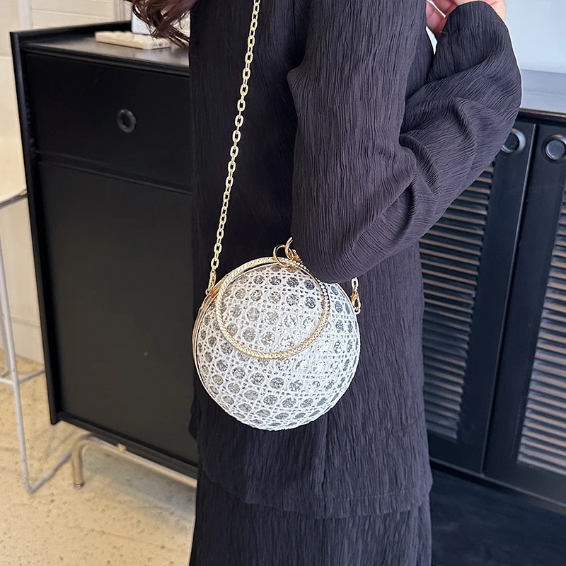 Sparkly Round Evening Purses for Women Shiny Diamonds Handbag Unusual Party Mini Small Bags Fashion Luxury Shoulder Bag Woman