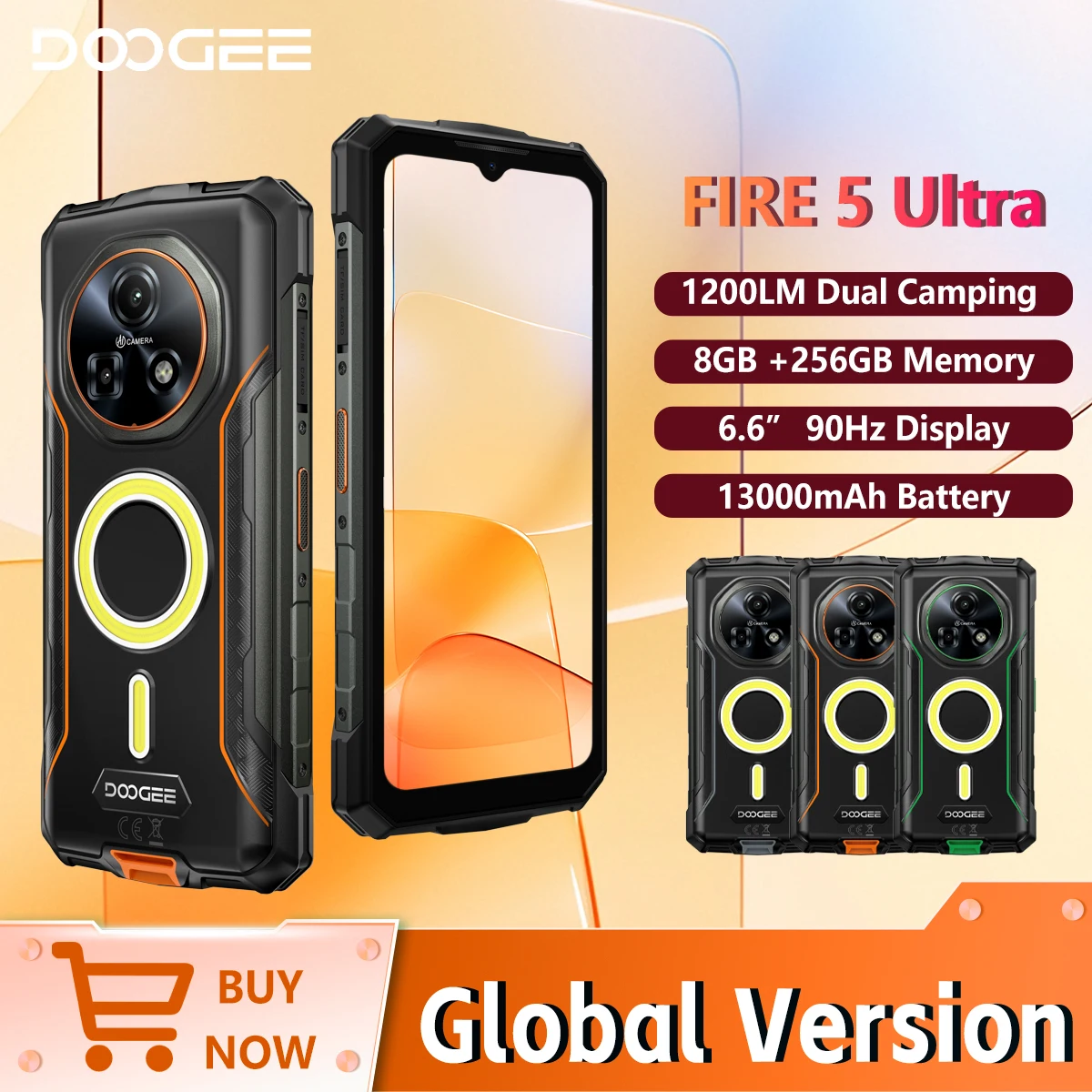 DOOGEE Fire 5 Ultra Rugged Smartphone Helio G81 Camping lights 13000mAh 32GB RAM 256GB ROM 48MP AI Camera 6.6” HD+ 90Hz Screen