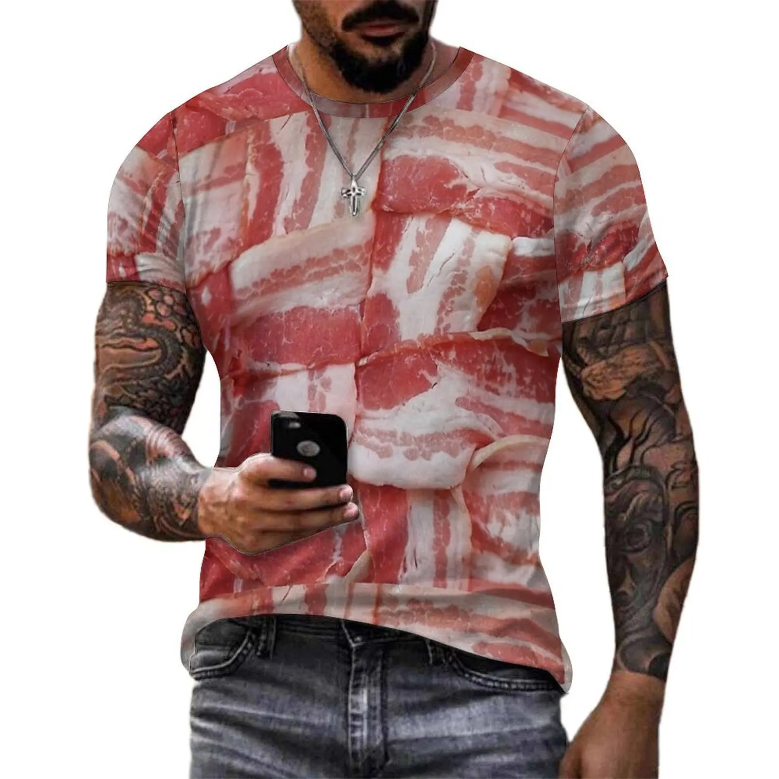 Oversized T Shirt Summer Woven Bacon Slice Print T Shirts  Street Style Round Neck Tshirt Man Fashion Graphic Top Tees