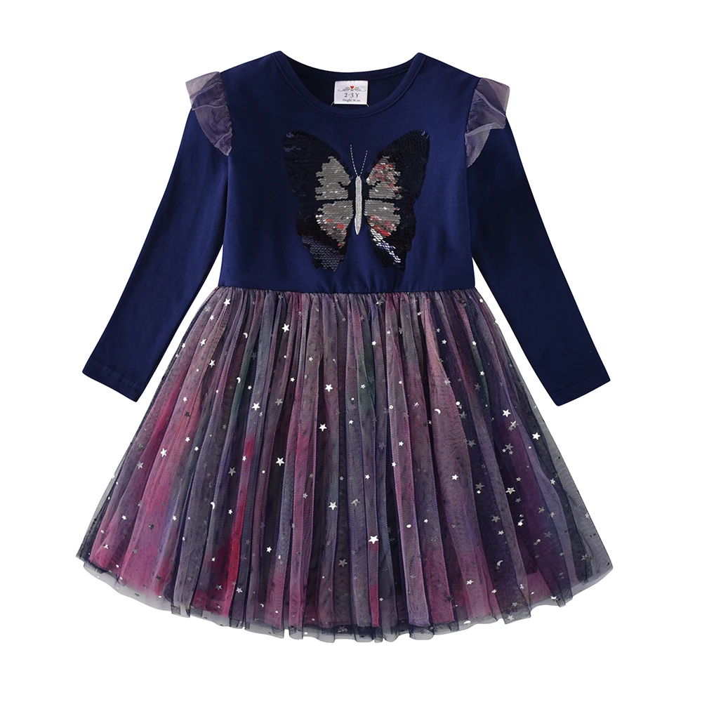 VIKITA Kids Butterfly Sequined Appliqued Dress Girls Long Sleeve Autumn Spring Vestidos Girls Mesh Tulle Party Princess Dresses