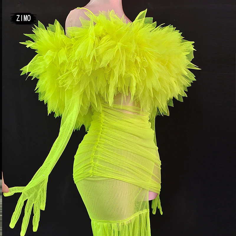 2022 neon green mesh dress sexy spaghetti strap See-through Detachable with tail party wedding birthday outfits for women stage