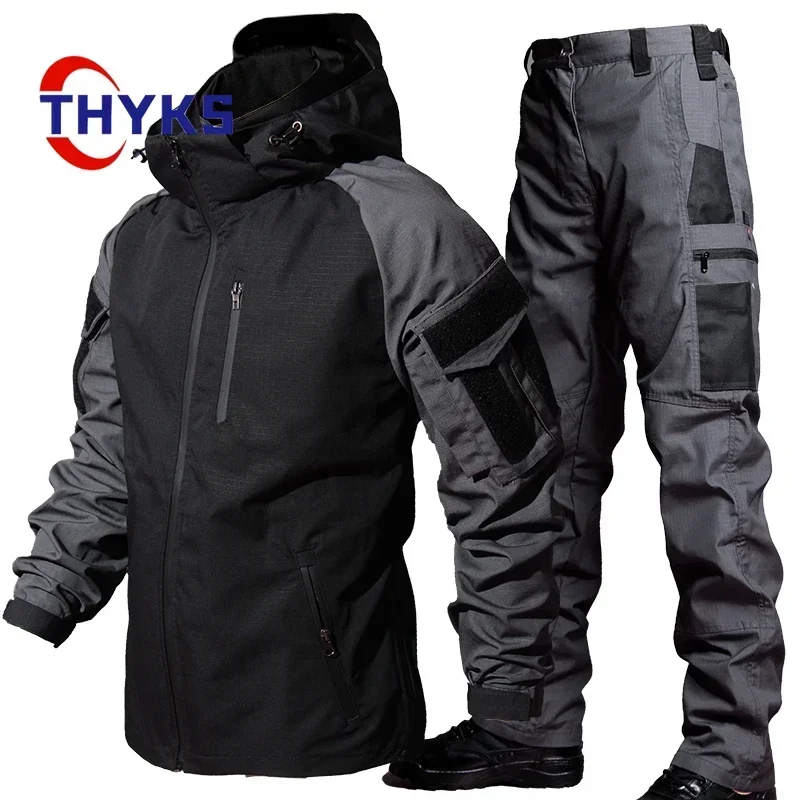 Waterproof Tactical Set Men\'s Military Fans Outdoor Soft Shell Combat Work Suit Comfortable Casual Hooded Jacket Two Piece Set