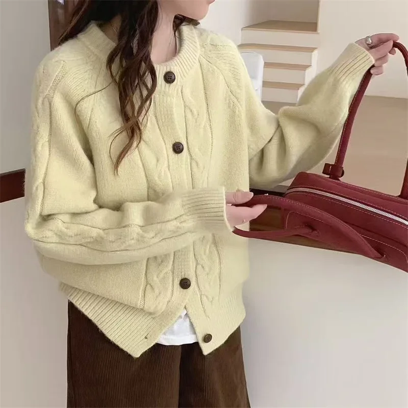 

Autumn and Winter New Loose Crew Neck Twist Knitted Cardigan Women's Lazy Wind Soft Waxy Sweater Jacket Women's Top