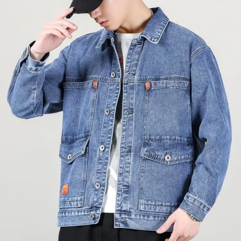 

Loose Fit Men's Denim Jaet Spring Autumn Trendy Workwear Casual Outerwear Korean Sle Long Sve Button up Coat