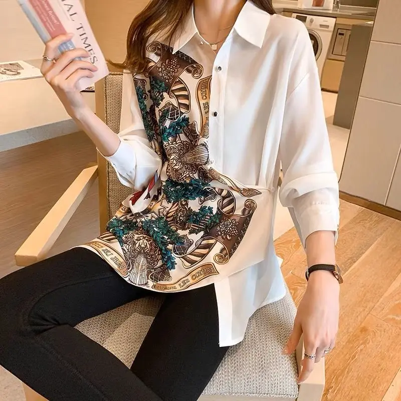 Casual Building Print Asymmetrical Shirt Spring 2024 New Polo-Neck Long Shirt Sleeve Loose Single Breasted Tops Women\'s Clothing