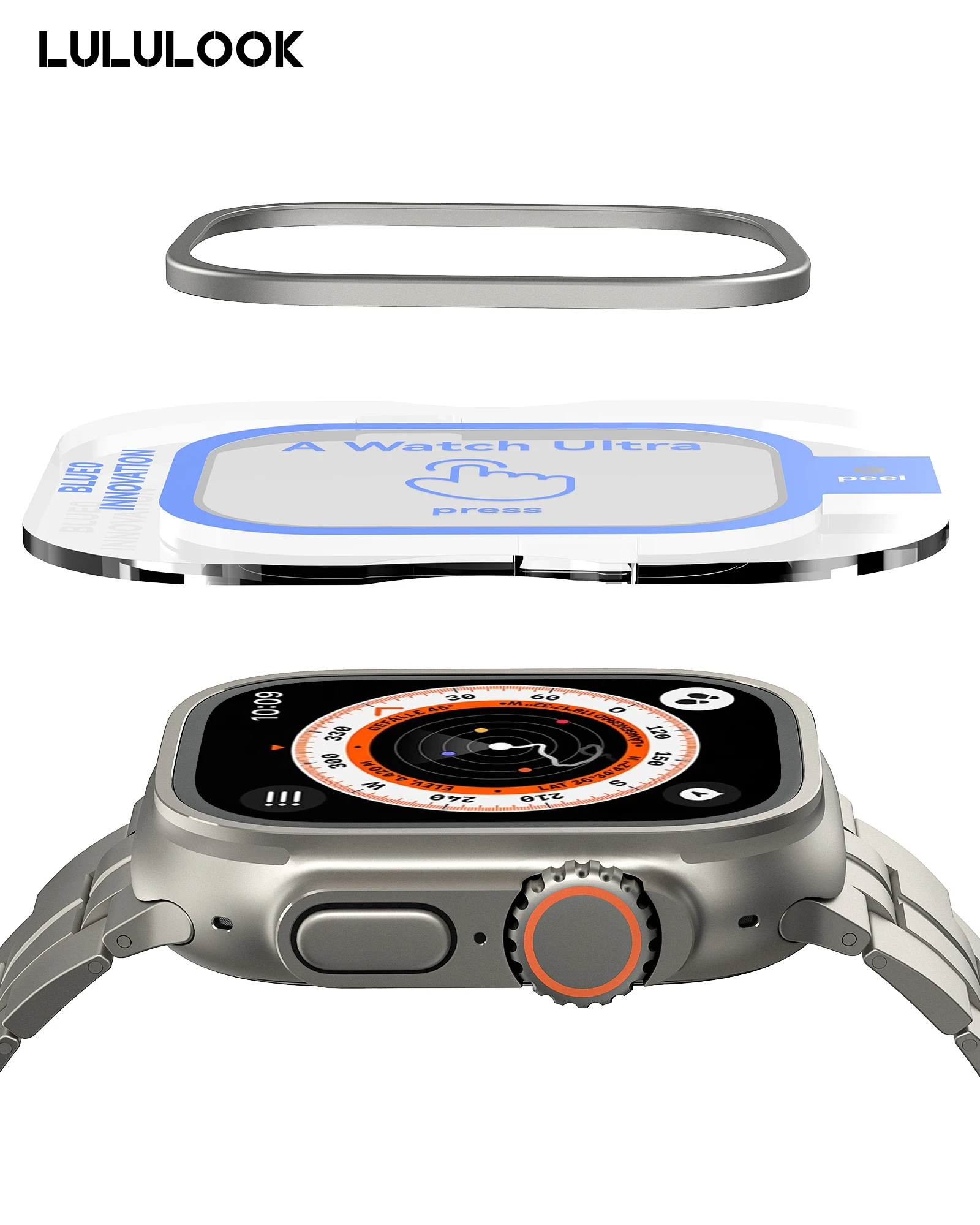 

LULULOOK 2 Packs 9H Tempered Glass Screen Protector For Apple Watch Ultra,Separate Titanium Alloy Bumper Frame Case For iWatch