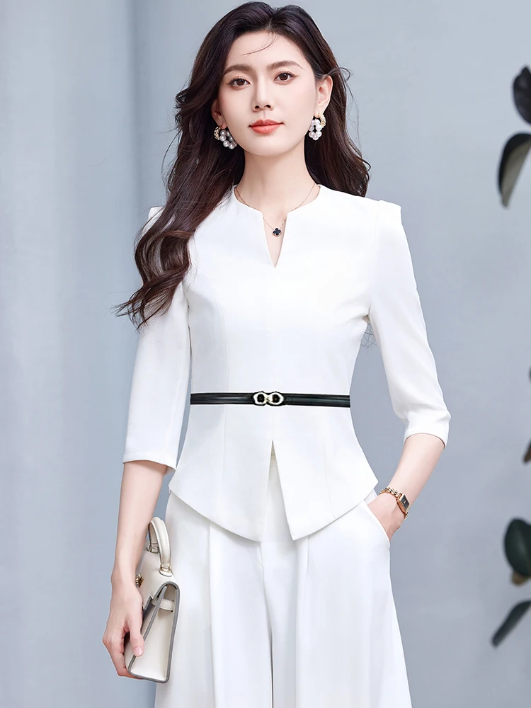 

White Seven-Quarter Sleeve Suit Jacket Women's 2026 New High-End Elegant Goddess Style Summer Suit Wide Leg Pants Set