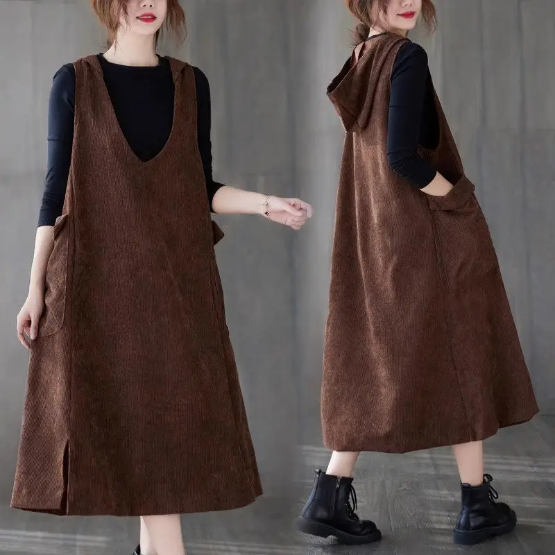 

Corduroy Vest Dress For Women Autumn And Winter Casual Loose Fit Oversized Hooded Dress Sleeveless Tank Tops Z4209