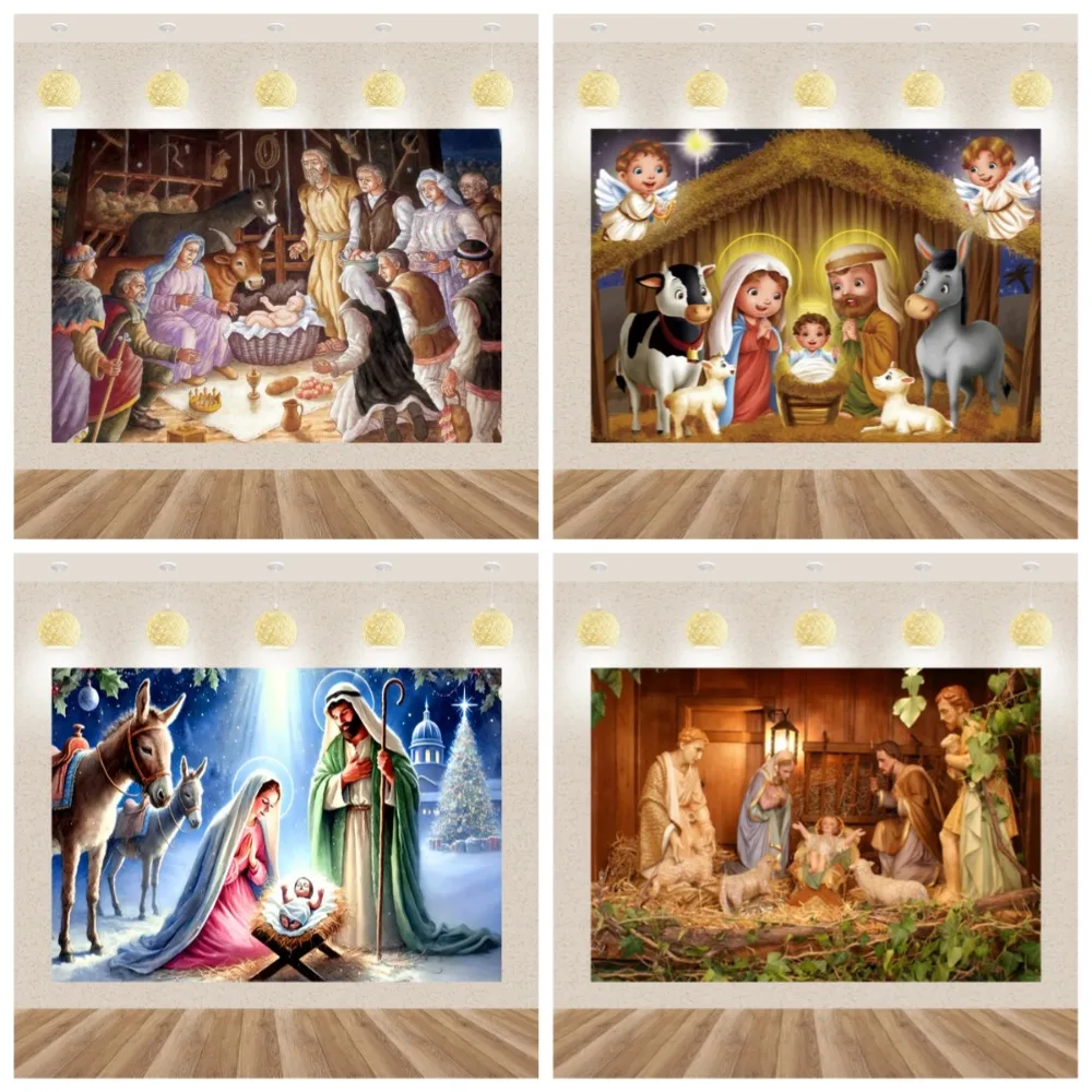 

Christmas Nativity Theme Banner Photography Backdrop, Cross Christmas Scene Easter, Family Gathering Party Photography Backdrop