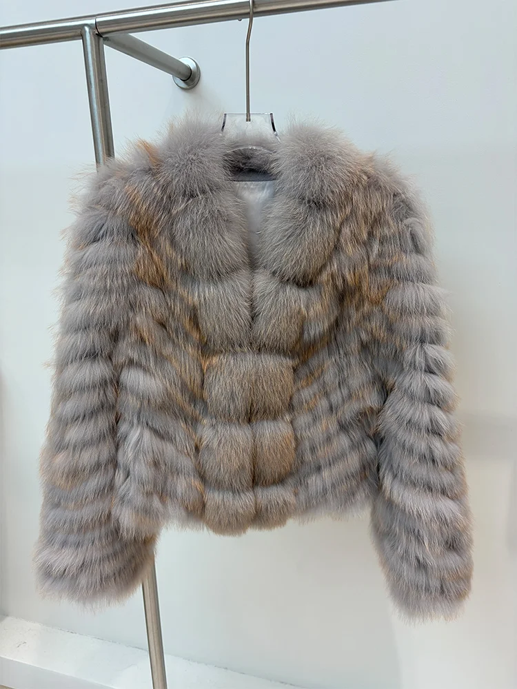 New Winter Warm Women Real Natural Fox Fur Coat Luxury Outerwear Fur Strip Sewed Toghter Jackets