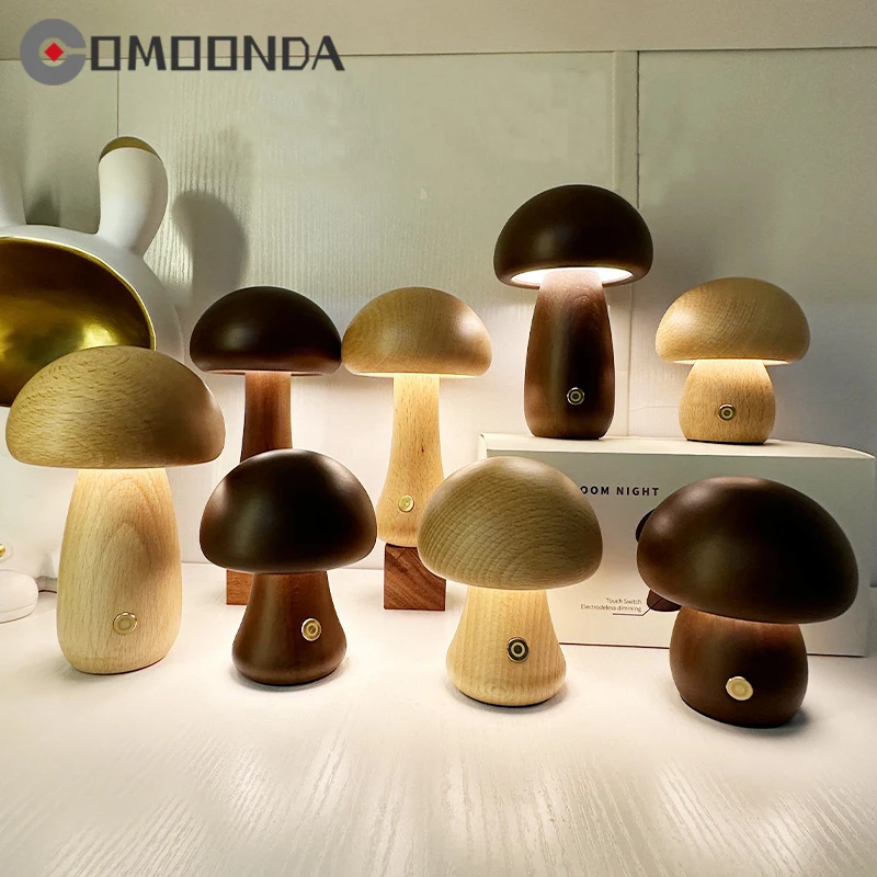 Creative Mushroom Design Table Lamps LED Nature Beech Wood Body Small Night Lights Bedroom Home Decor With Touch Switch Dimming