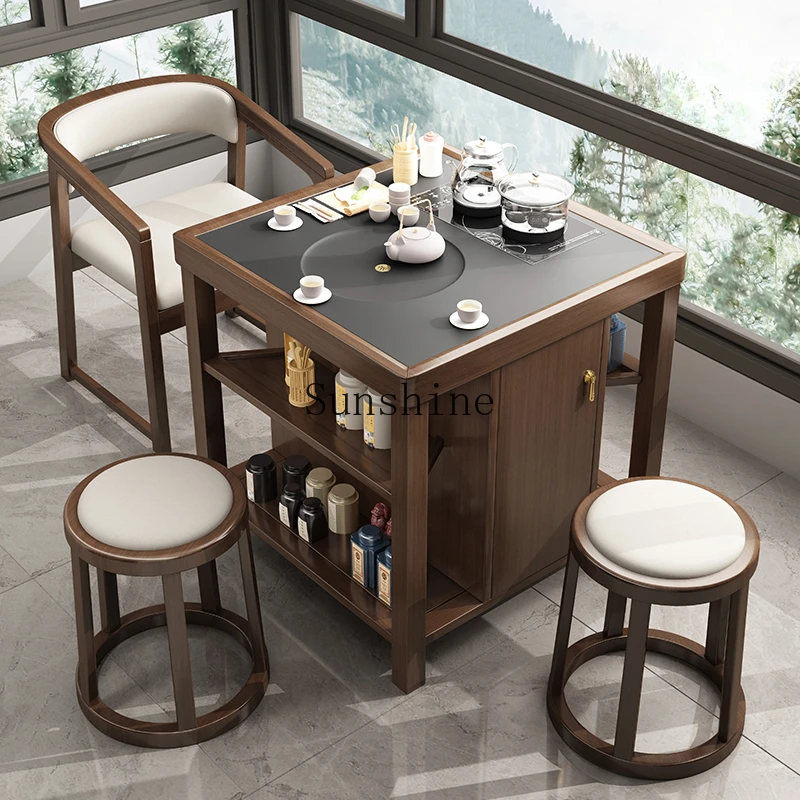 Balcony small tea tray integrated embedded high-end solid wood tea table and chair combination