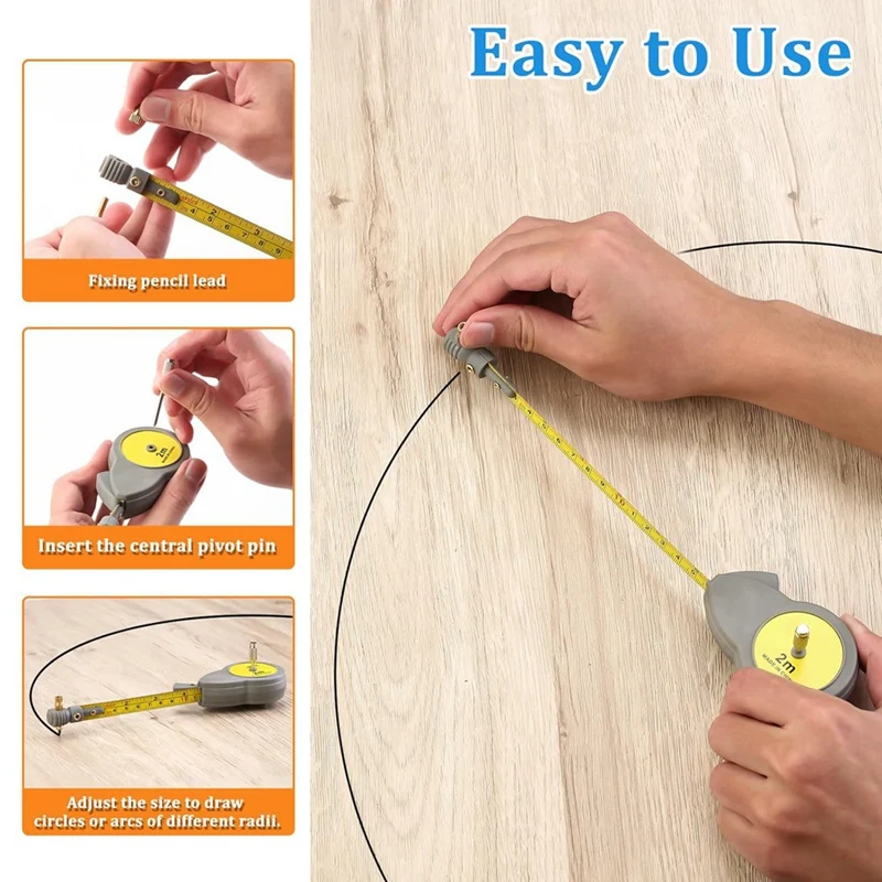 Rotating Tape Measure With 10 Pencil Leads Retractable Circle Drawing Tool For Lines And Arcs 6.56Ft Measure Beam Comp