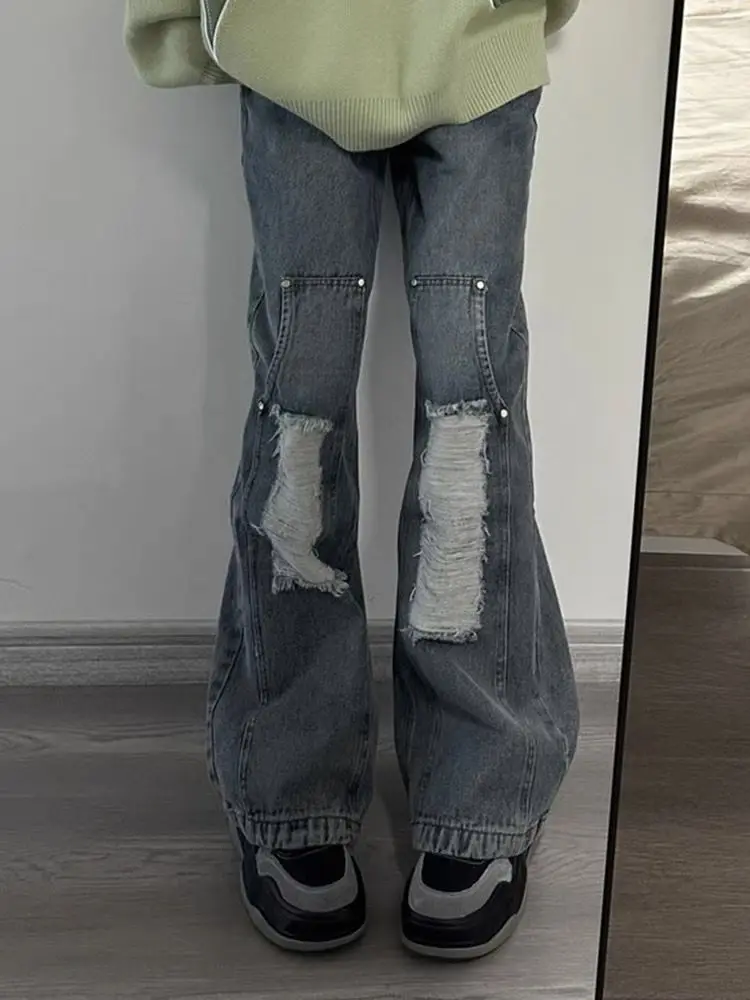

Korea Version Ripped Jeans Women Summer New Loose Straight Wide-Leg Floor Trousers Niche Wash Worn Pants