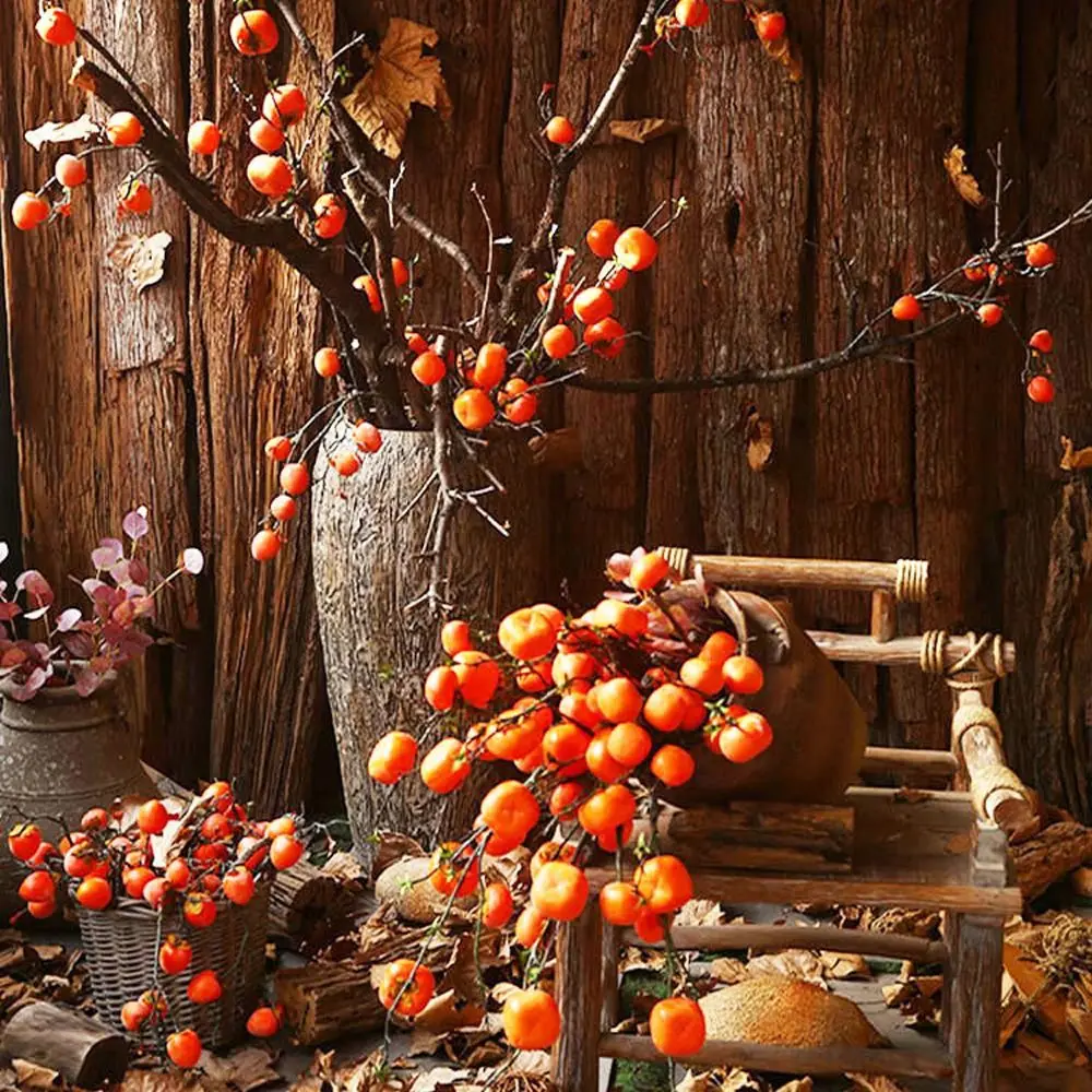 

Retro Simulation Persimmon Tree Branch Lifelike Plastic Artificial Plants with Frost DIY Green Plant Party Wedding Decor