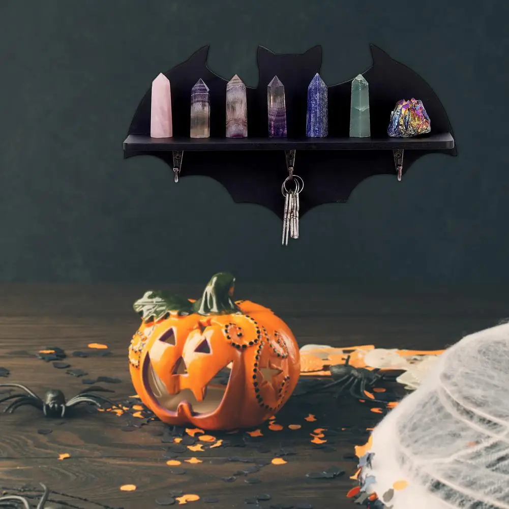 

Halloween Black Bat Crystal Shelf With 3 Hooks Multi-functional Black Bat Storage Shelf Gothic Spooky Shelf Holder Home Supplies