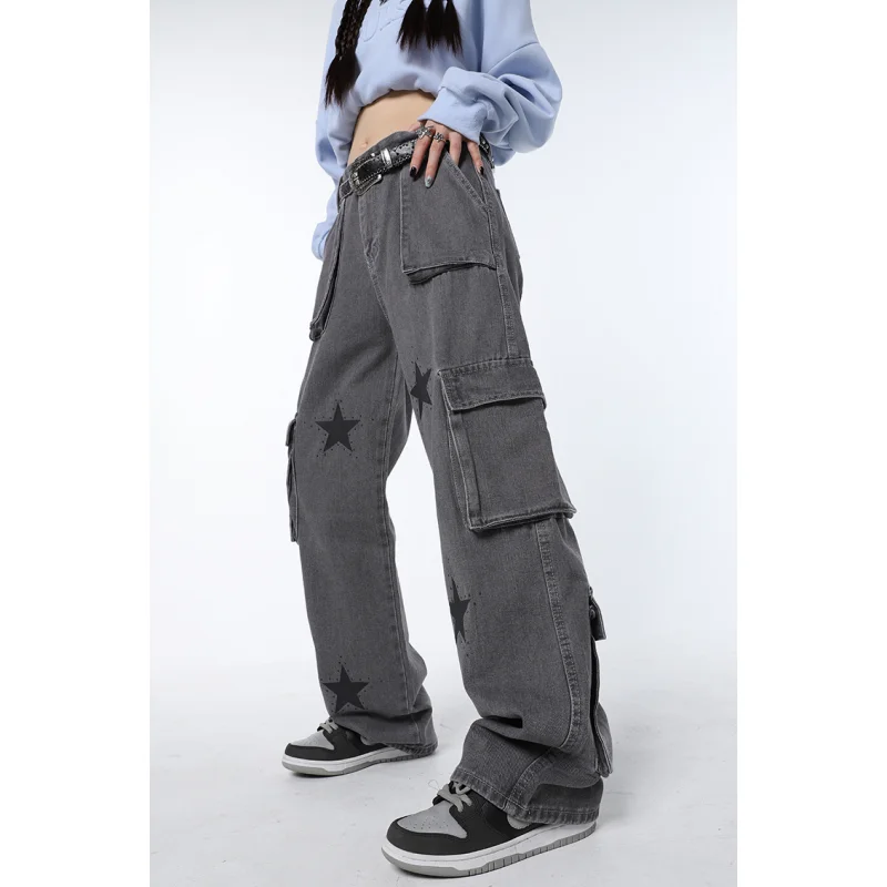 Pantalones vaqueros holgados y rectos de cintura alta para mujer, de moda americana ropa de calle, Vintage, color gris