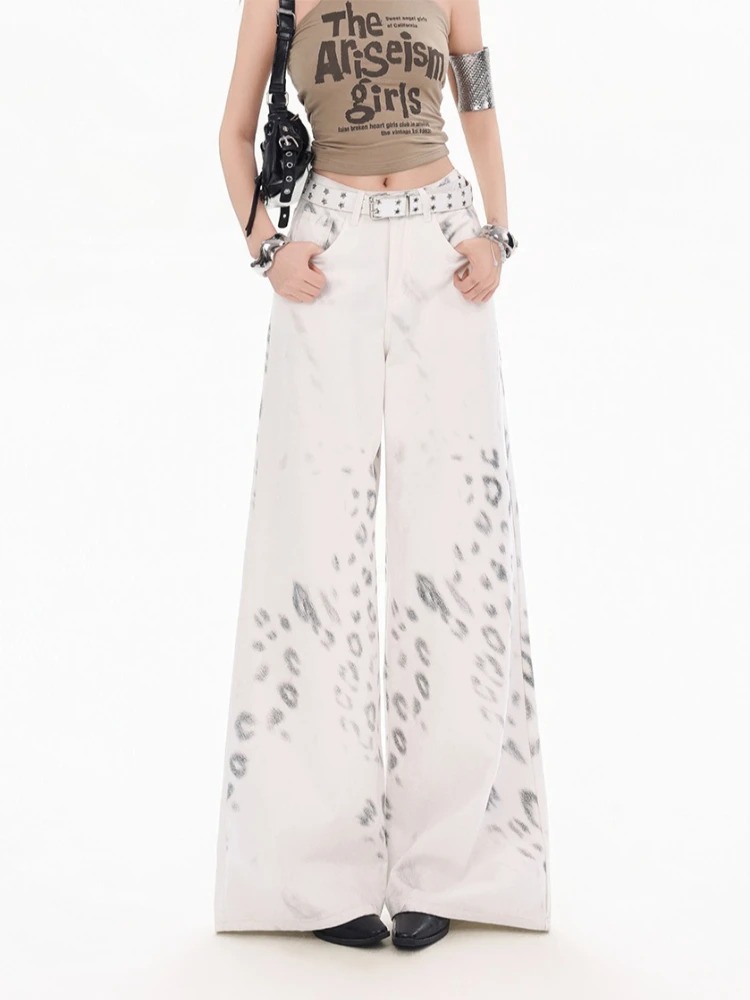Women's Fashion Digital Print Loose Wide Leg Denim Pants Pure Cotton Comfortable Breathable Spring Summer Floor Length Trousers
