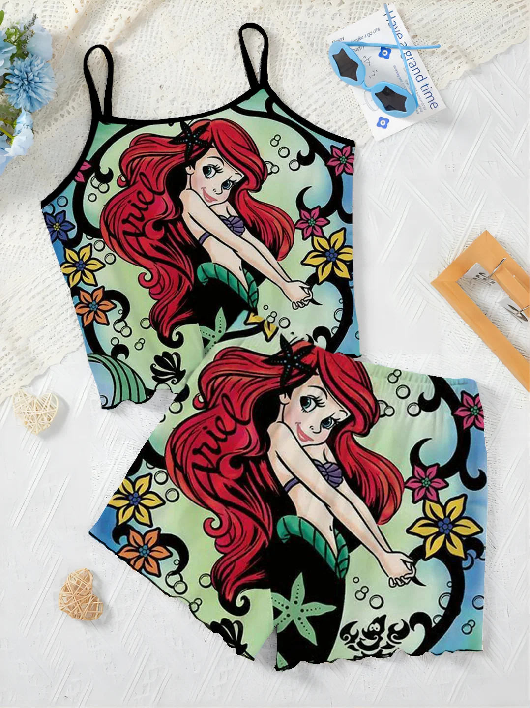 T-shirt Sałata Trim Krótkie zestawy dla kobiet 2-częściowy top Disney Mermaid Slip Dress Piżama Spódnica Nowy dwuczęściowy zestaw Elegancki damski