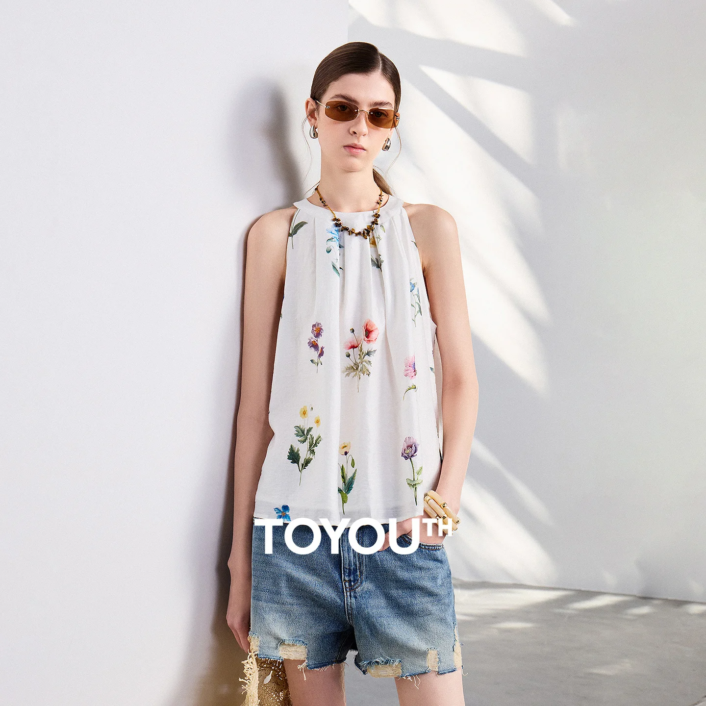 TOYOUTH Women Blouse Shirt 2026 Summer New Lyocell Linen Romantic Floral Pattern Halter Tops
