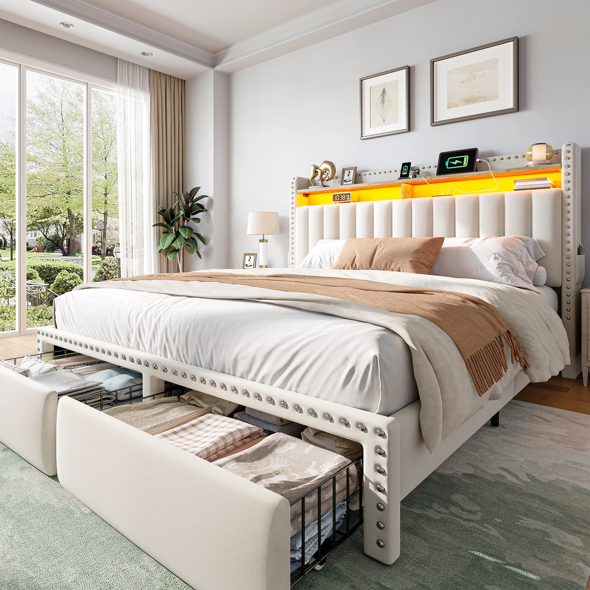 EnHomee Bed Frame with 2 Storage Drawers & 2-Tier Storage Headboard Upholstered Platform Bed Frame with LED Lights Charging Station