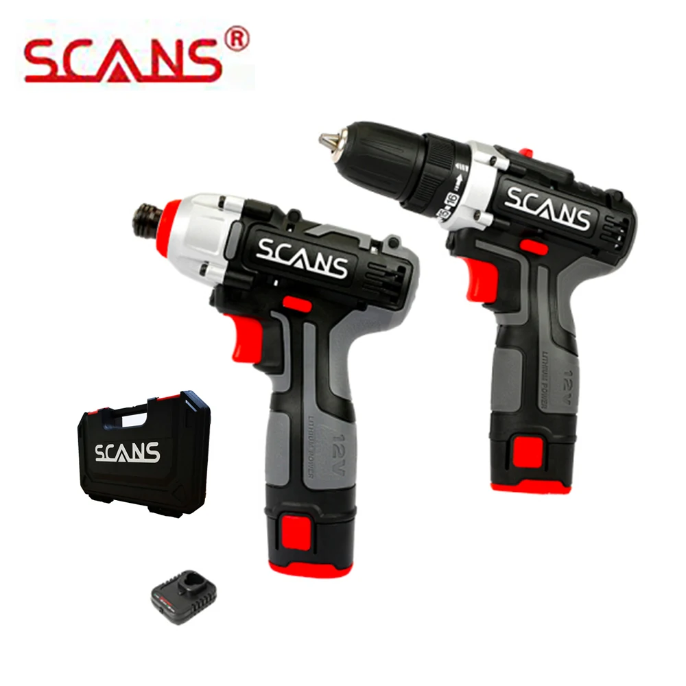 SCANS K211 Tools 12V Cordless Power Tools Li-ion Drill and Compact Driver Combo Kit with 2*2.0Ah Batteries