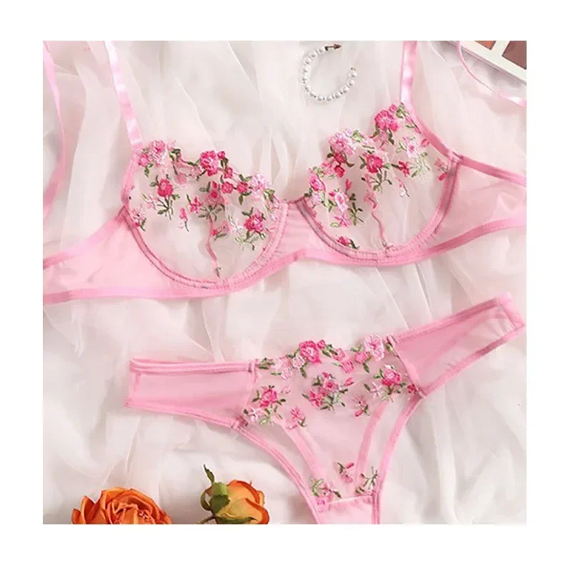 Caofeimao 2025 Lingerie Sexy Floral Embroidery Underwear Transparent Lace Short Skin Care Kits Delicate Fairy Set Woman 2 Pieces