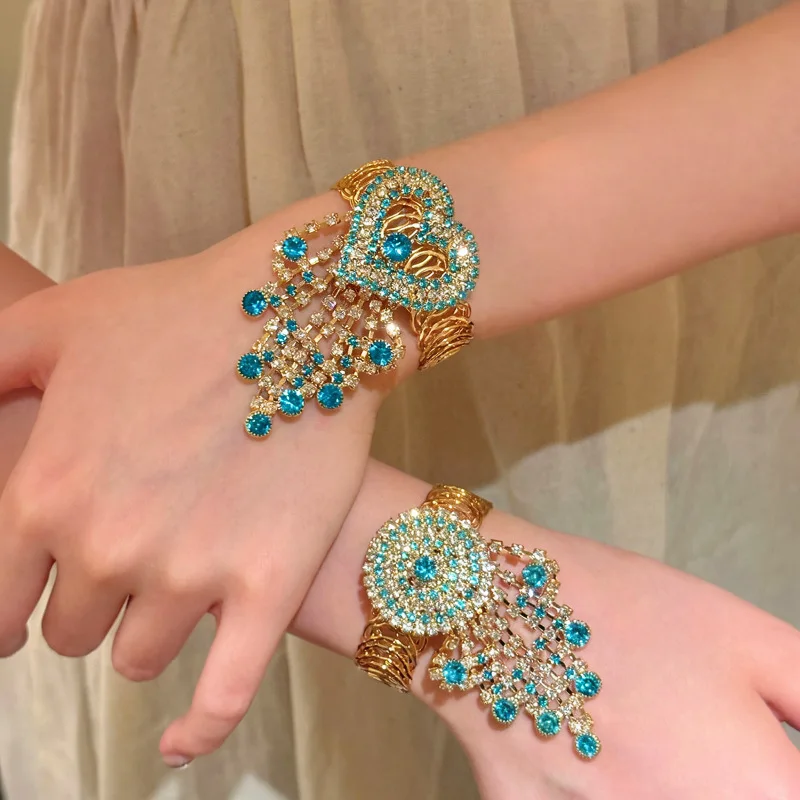 Bohemian Blue Crystal Tassel Bracelet For Women Ethnic Shiny Rhinestone Love Heart Round Geometric Bangles Party Wedding Jewelry