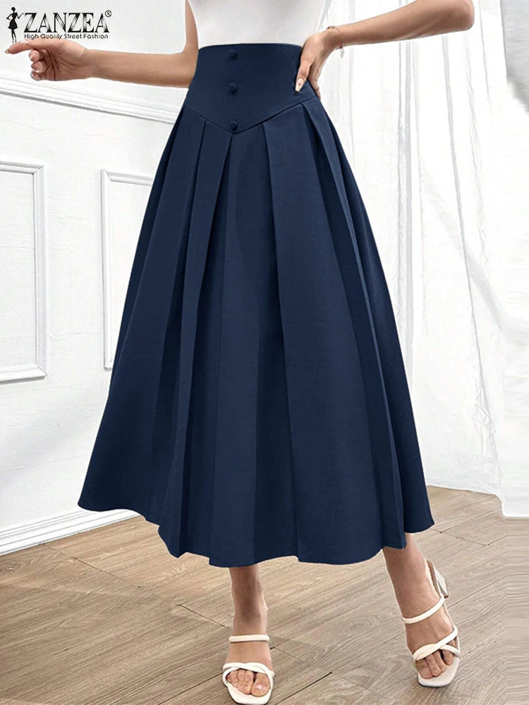 Elegante plissado maxi saias de cintura alta saias de escritório feminino casual solto zíper botões overskirts a linha inferior senhora zanzea 2025