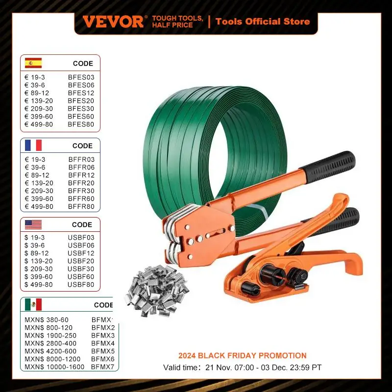 VEVOR Manual Plastic Strapping Banding Machine Packing Strap Baler with Tension Tool Packer 1000ft PET Band 300 Metal Seals Kit