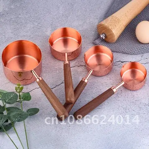 4/8pcs Stainless Steel Measuring Cups And Spoons Wooden Gold Food Coffee Flour Scoop Kitchen Scale Baking Cooking Gadget Sets