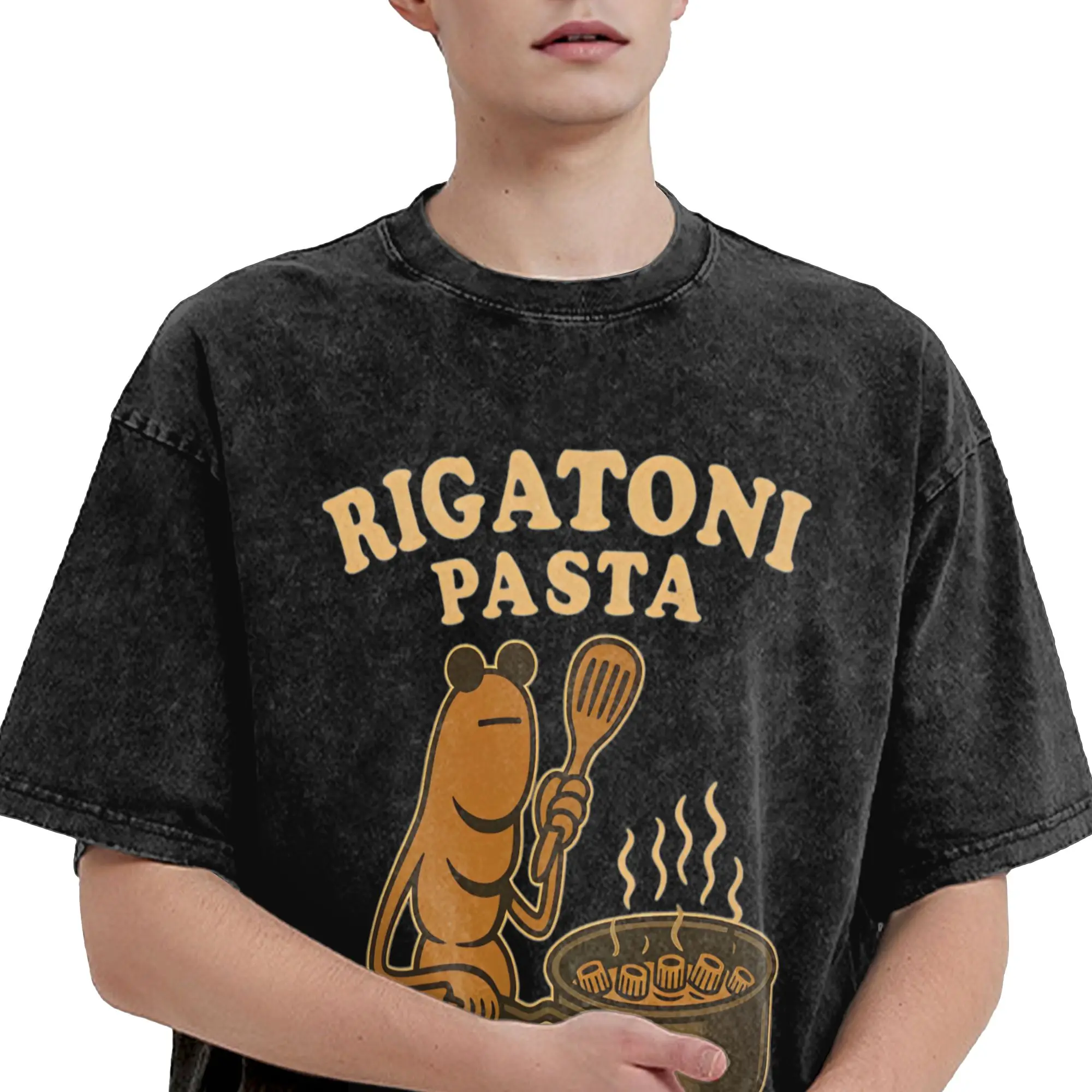 تي شيرت مغسول معكرونة ريجاتوني سنعل بعضًا معًا تي شيرت ماركوس كبير الحجم ملابس الشارع الشهير 100% قطن صيفي تي شيرت