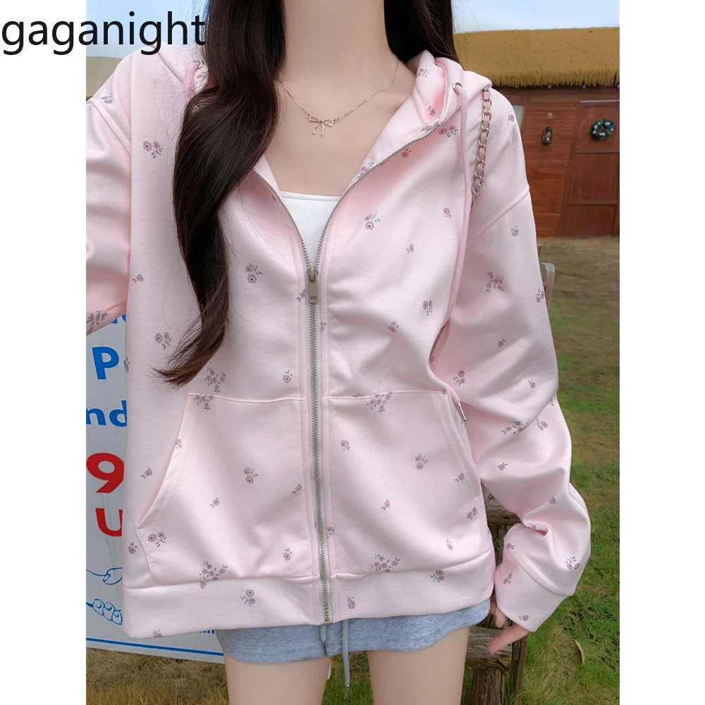 

Gaganight Women Pink Zipper Hooded Sweatshirt Jacket 2024 Autumn Winter Korean Chic Outfit Mid Long Floral Printed Top Clothing