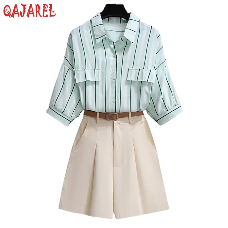 

Summer Short Sleeve Striped Polo Collar Blouses+White Shorts Two Piece Sets 2022 Women Korean Fashion Elegant Bodycon Suit Sets