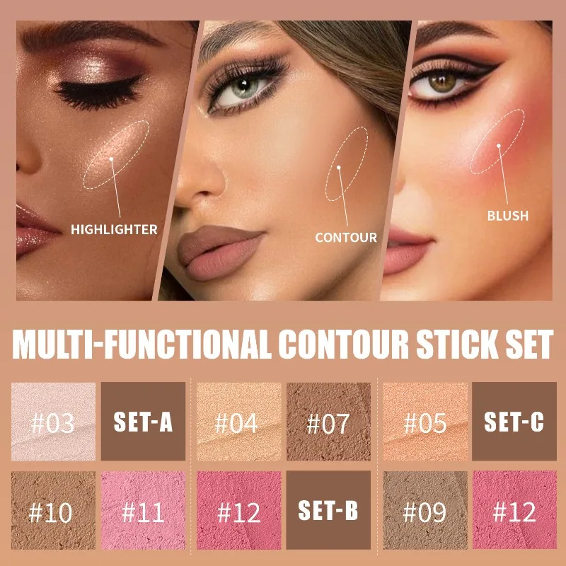 Ensemble de bâtons de Contour et de surbrillance, Kit professionnel complet pour sculpter le visage, Blush et scintillant, Trio de maquillage crémeux et facile à mélanger, 3 pièces