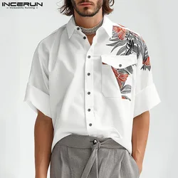 INCERUN Tops 2024 American Style Fashion Men Patchwork Leaf Print Shirts Casual Streetwear Male Lapel Short Sleeved Blouse S-5XL