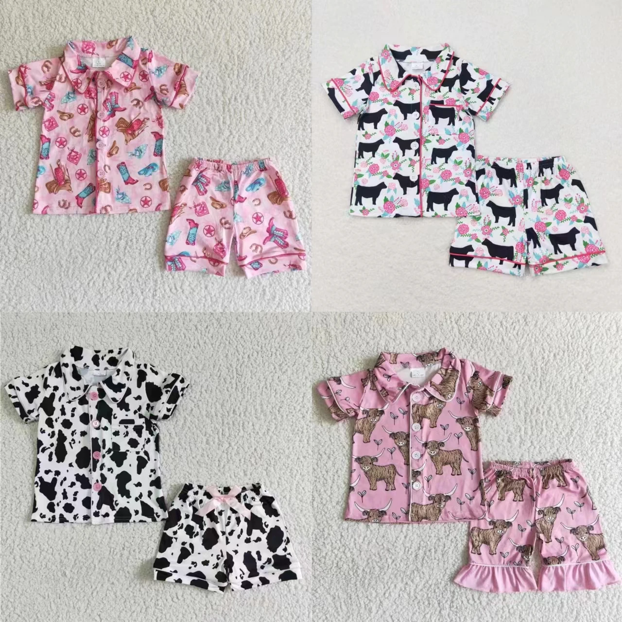 

Wholesale Summer Children Cow Print Nightclothes Clothing Baby Girl Button Sleepwear Clothes Set Shorts Infant Pajamas Outfit