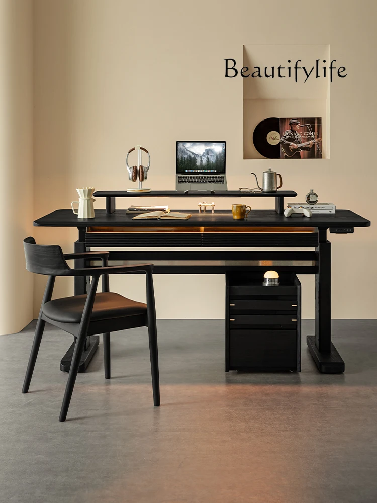 

Lifting desk Solid wood black study Double home computer Electric intelligent study table
