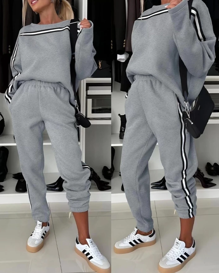 

2 Piece Crewneck Long Sleeve Pullover Sweatshirt Stretchy Waist Sweatpants Set Tracksuit