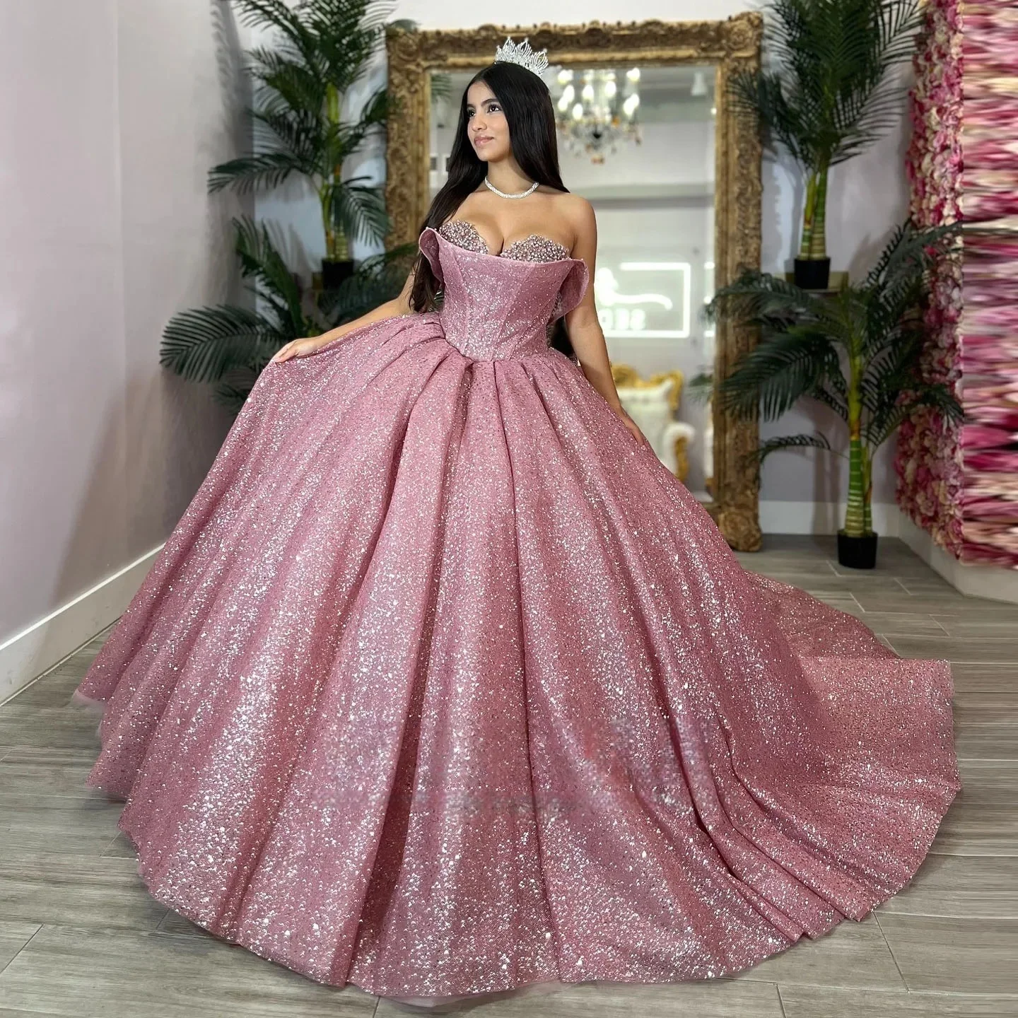 Pink Charro Quinceanera Dresses Ball Gown Sweetheart Beaded Sparkly Mexican Sweet 16 Dresses 15 Anos Customized