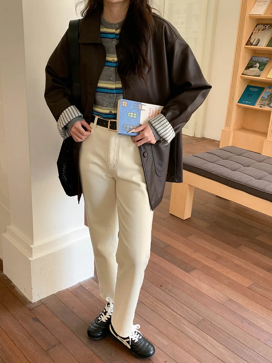 秋冬カジュアルスプライスストライプ長袖レザージャケットレディース新スタイルアウター