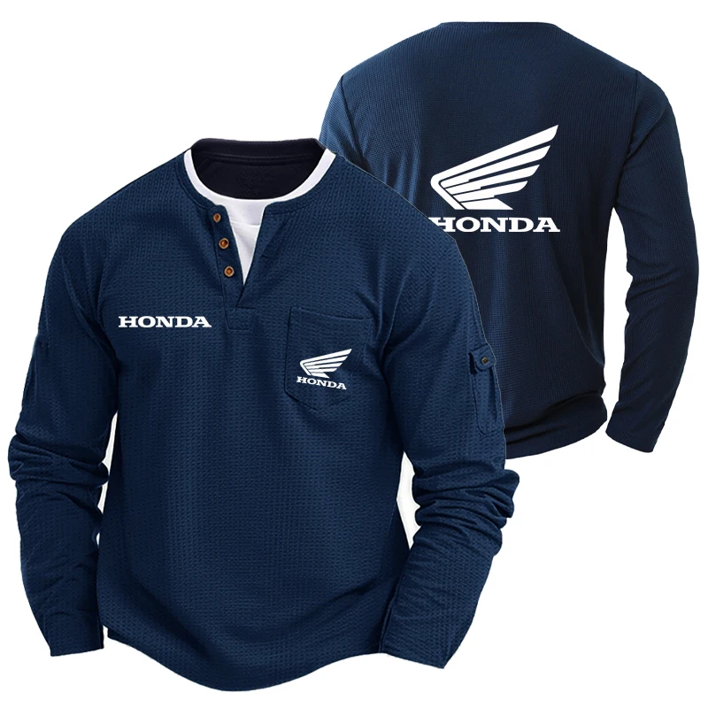 Camiseta Masculina Casual Esportiva de Manga Longa com Gola Redonda Honda 2026 Nova Coleção Primavera - Confortável e Básica - Efeito Duas Peças